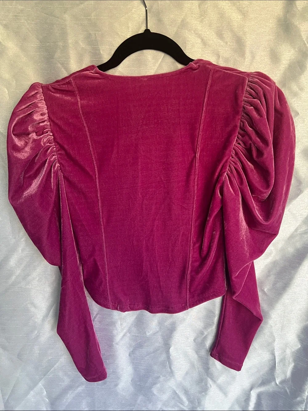 Free People Velvet Puff-Sleeve Crop Top in Fuchsia S/P